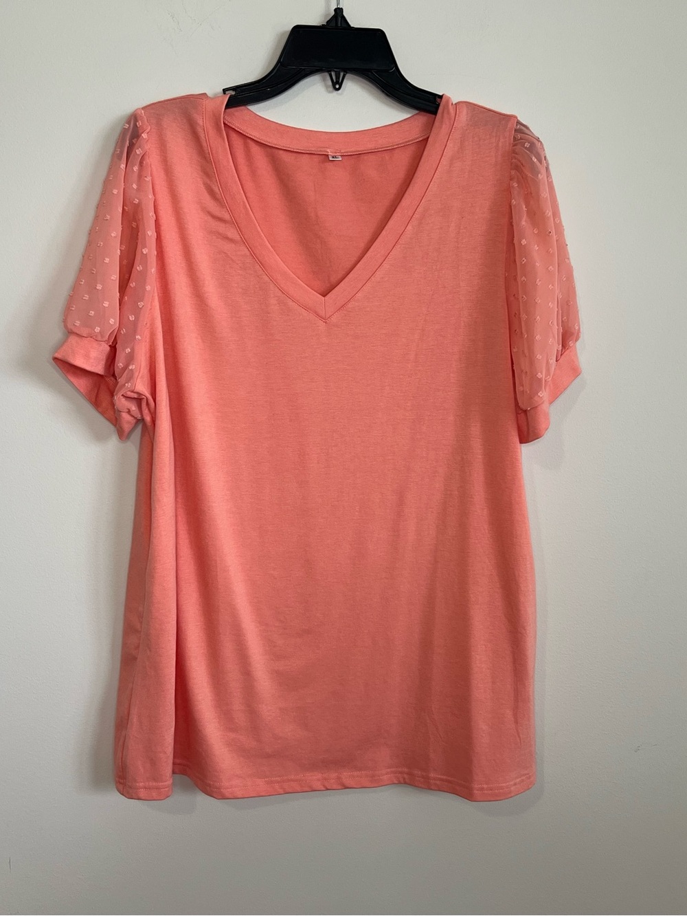 Women's Coral V-Neck Top with Sheer Dot Sleeves